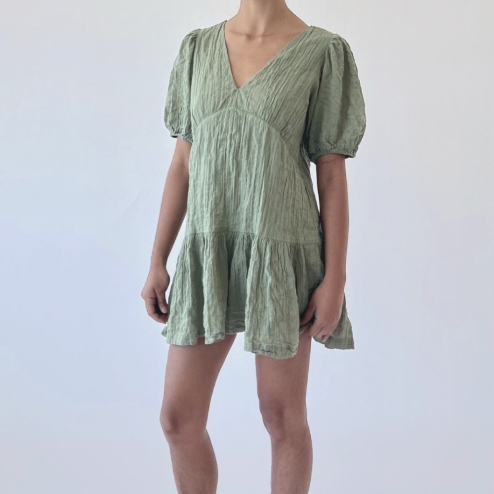 ABERCROMBIE AND FITCH Puff Sleeve Trapeze Olive Green Mini Dress Size XS